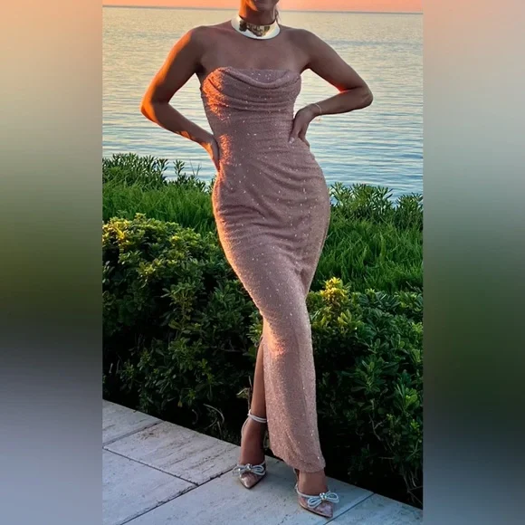 PALERMO 
Embellished Bandeau Cowl Neck Maxi Dress in Beige - Picture 4 of 10